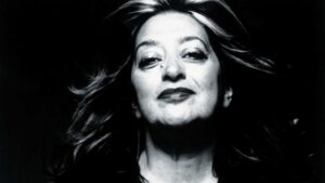 A portrait of the legendary architect Zaha Hadid.