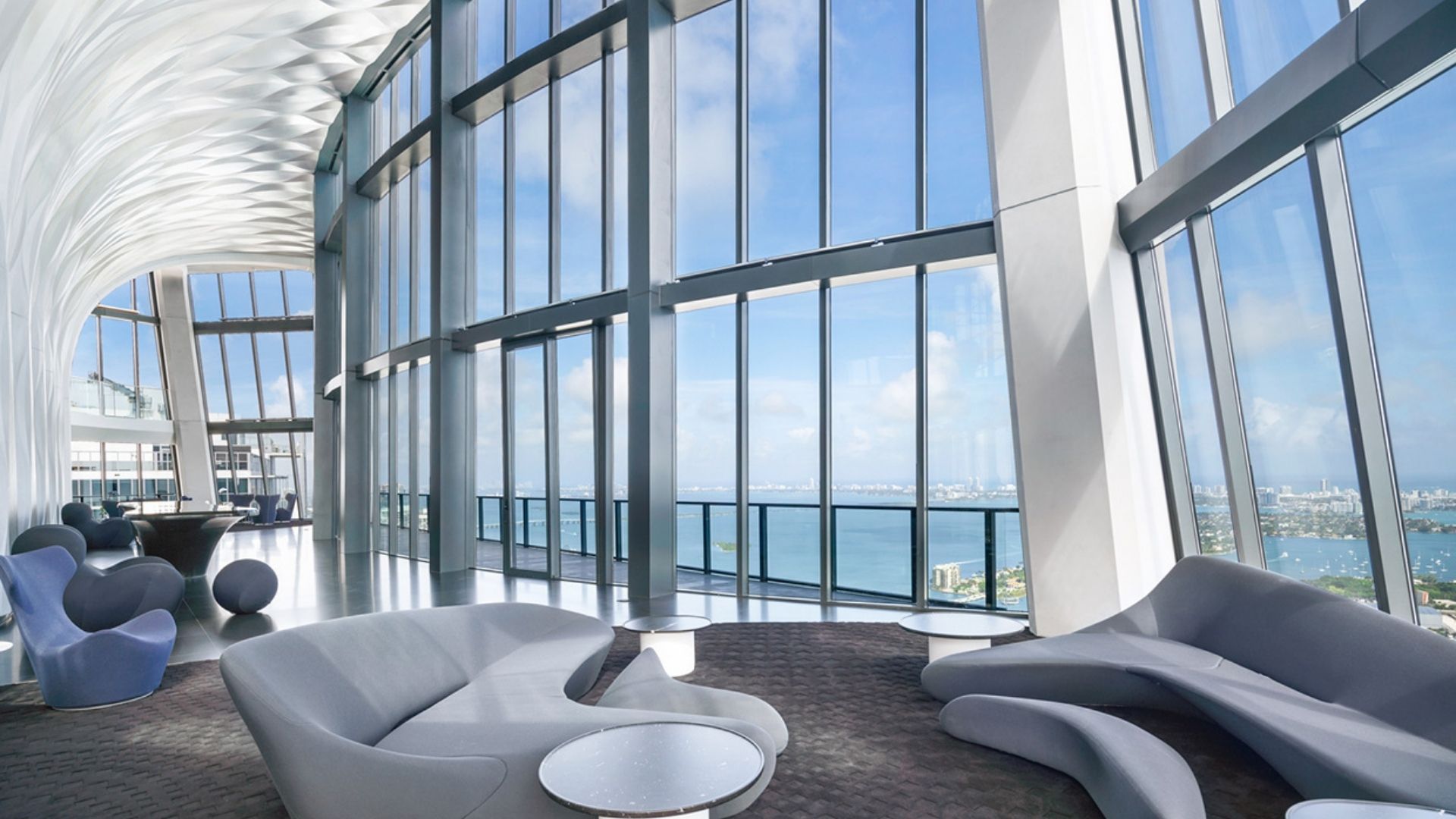 Looking out into Downtown Miami and Biscayne Bay from One Thousand Museum's Sky Lounge.